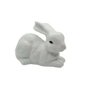 Vintage White Ceramic Bunny Rabbit Figurine Glossy Pink Eyes Easter Decor 6in